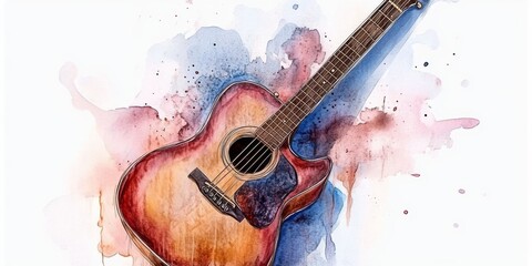 Vibrant Watercolor Illustration of Acoustic Guitar Art