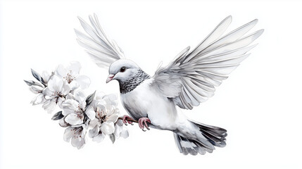 Traditional Ink Sketch of a Peace Dove in Flight Holding an Olive Branch, Bold Lines on a Blank Background