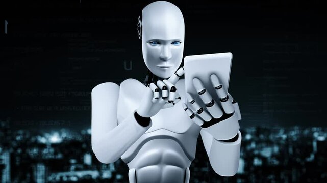 Futuristic robot artificial intelligence huminoid AI programming coding technology development and machine learning concept. Robotic bionic science research for future of human life. 3D rendering.