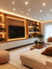 A contemporary living room featuring a floating entertainment center, recessed lighting, and a built-in bookshelf.