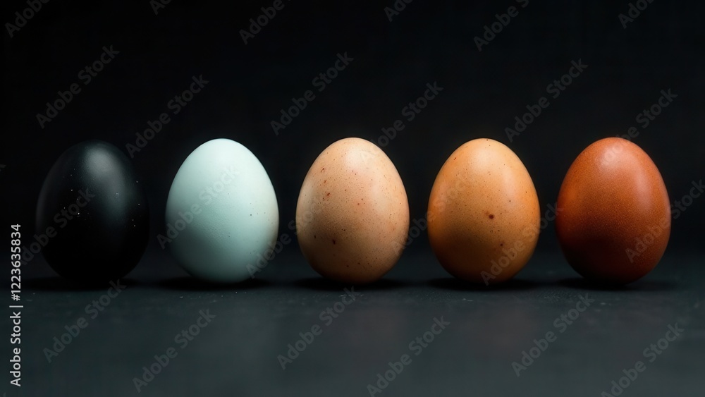 Poster five distinct eggs in different colors are aligned neatly on a surface. copy space