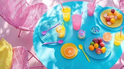 Fototapeta premium Pink patio, summer drinks, fruit, vibrant table setting
