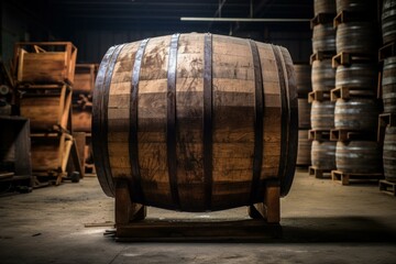 Fototapeta premium Oak barrel standing in a cellar or warehouse of distillery or brewery, aging alcohol