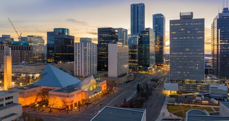 Edmonton skyline at twilight. Modern skyscrapers and city hall illuminated. Urban landscape at sunset. Downtown, Edmonton, Alberta, Canada