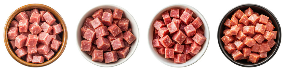Boiled sausage cut into cubes in a bowl isolated on transparent background, PNG, set of