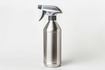 Obraz premium Stylish stainless steel spray bottle resting on a plain background, perfect for eco-friendly cleaning solutions at home isolated on transparent background