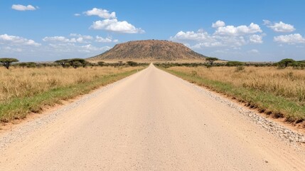 African savanna road leading to a hill under a blue sky