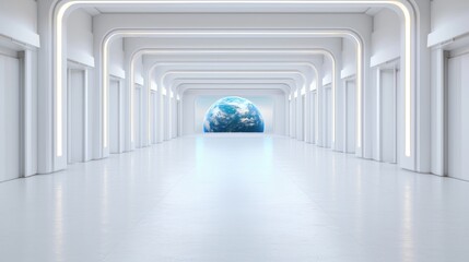 Obraz premium Futuristic corridor, Earth globe, white walls, global connection, technology concept