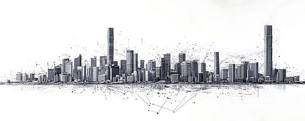 Obraz premium Xiamen skyline rendered with particle lines, symbolizing the intersection technology and modern urban landscapes