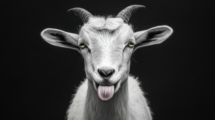 Portrait of a white goat sticking out tongue against dark background