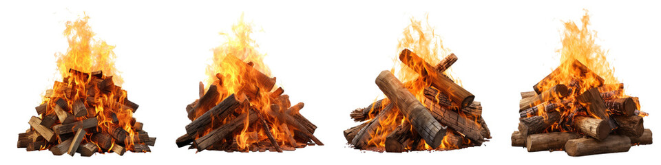Bonfire isolated on transparent background, PNG, set of