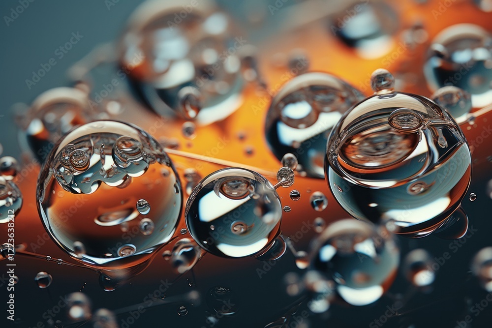 Poster close up of transparent spheres resembling water droplets, creating an abstract pattern on an orange