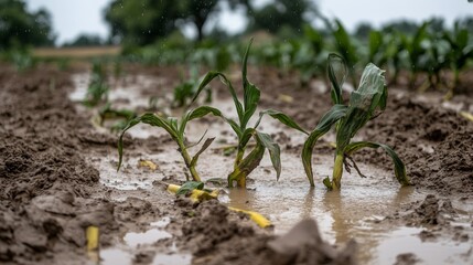Fototapeta na wymiar A flooded agricultural field with young corn plants struggling in waterlogged soil. The image highlights the impact of excessive rainfall and poor drainage on crop growth and farming conditions.