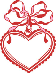 Heart shaped frame with lace edges and ribbon bow. Hand drawn vector illustration with red outline. Love, romance, and Valentine's Day concept