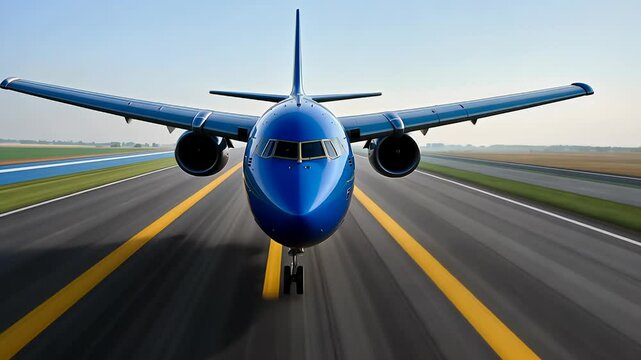 Blue airplane taking off from runway in dynamic motion sequence