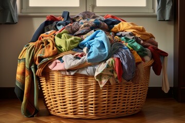 Wicker laundry basket overflowing with a large pile of dirty clothes is placed on a wooden floor