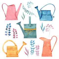 Set Watering Cans and Leaves. Watercolor illustration, poster.