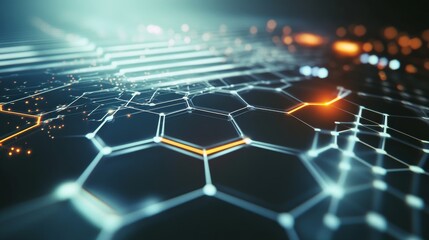 A high-tech abstract scene featuring glowing digital hexagons and interconnecting data streams, creating a sense of digital sophistication, Hexagonal style