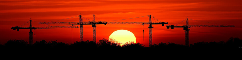 Cranes are silhouetted against a vivid sunset with a large sun near the horizon. Concept of construction and nature harmony. For illustrating cityscape.