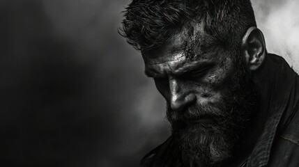 Gritty portrait of mature caucasian male with beard and intense expression
