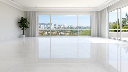 Obraz premium Modern apartment, city view, bright interior, empty room, real estate