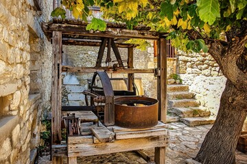 Ancient Nut Press A historical nut oil press in a rustic village setting