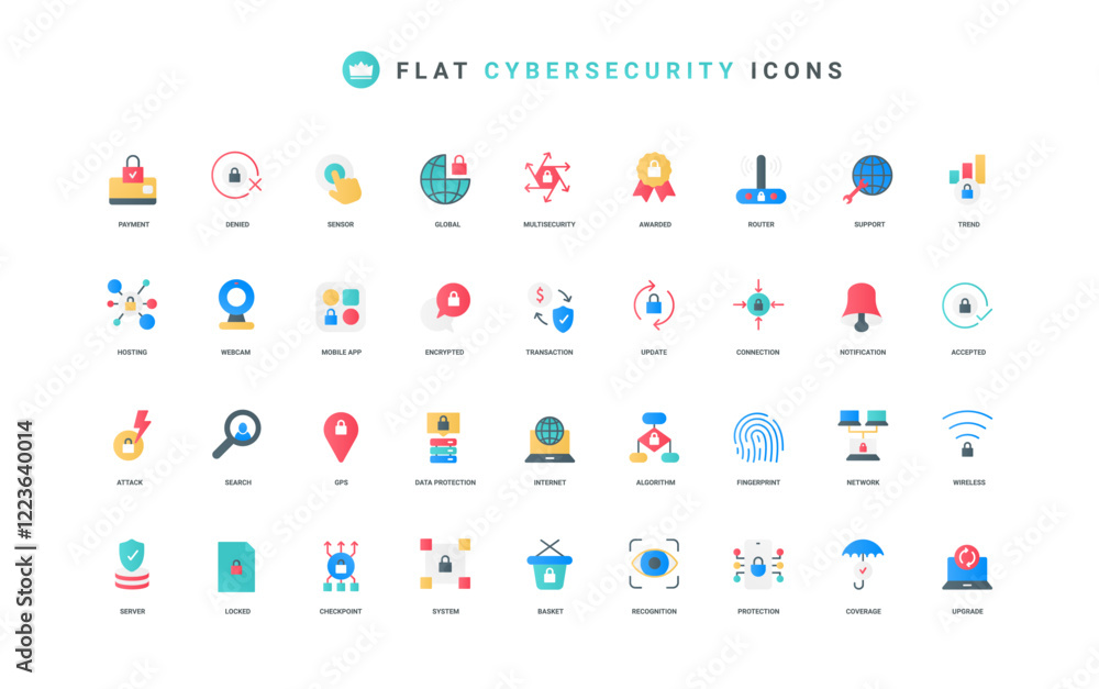 Leinwandbilder Cybersecurity, secure payment operation and hosting, privacy data protection for computers in network, mobile app color icon set. Biometric recognition, system update flat elements vector illustration