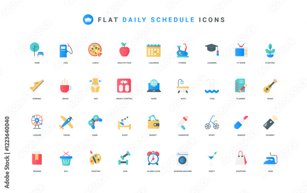 Poster daily routine and modern life schedule, agenda, time management color icon set. check event of day i