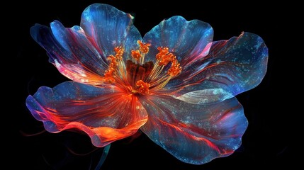 The delicate structure of a translucent flower is illuminated from behind, with vibrant colors and glittering accents adding a touch of enchantment.