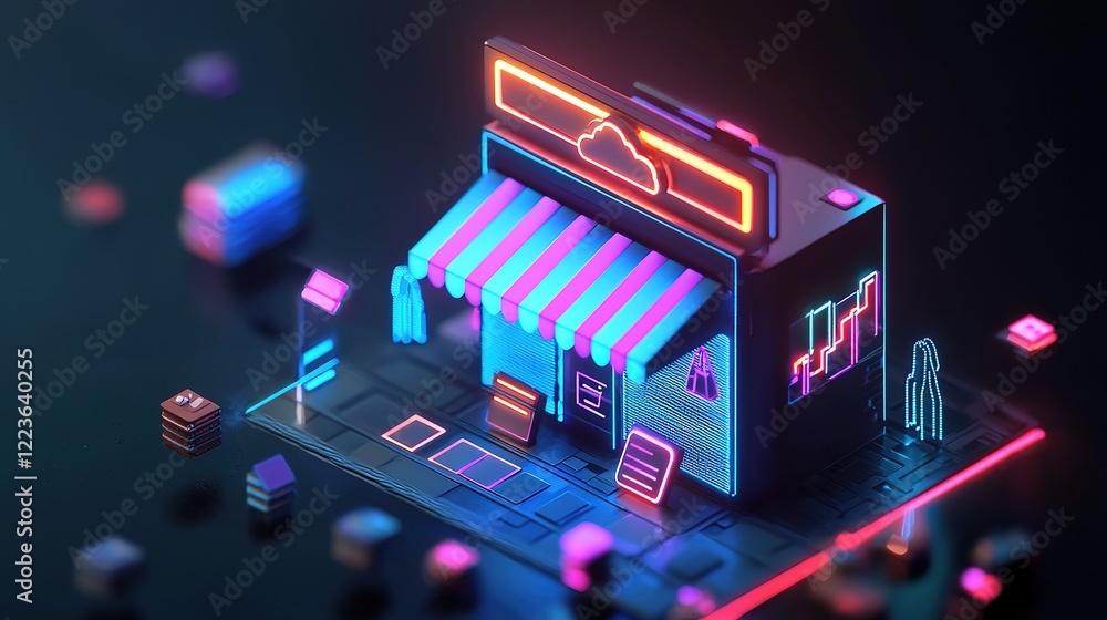 Poster dynamic marketplace concept futuristic setting digital art neon environment 3d viewpoint technology 