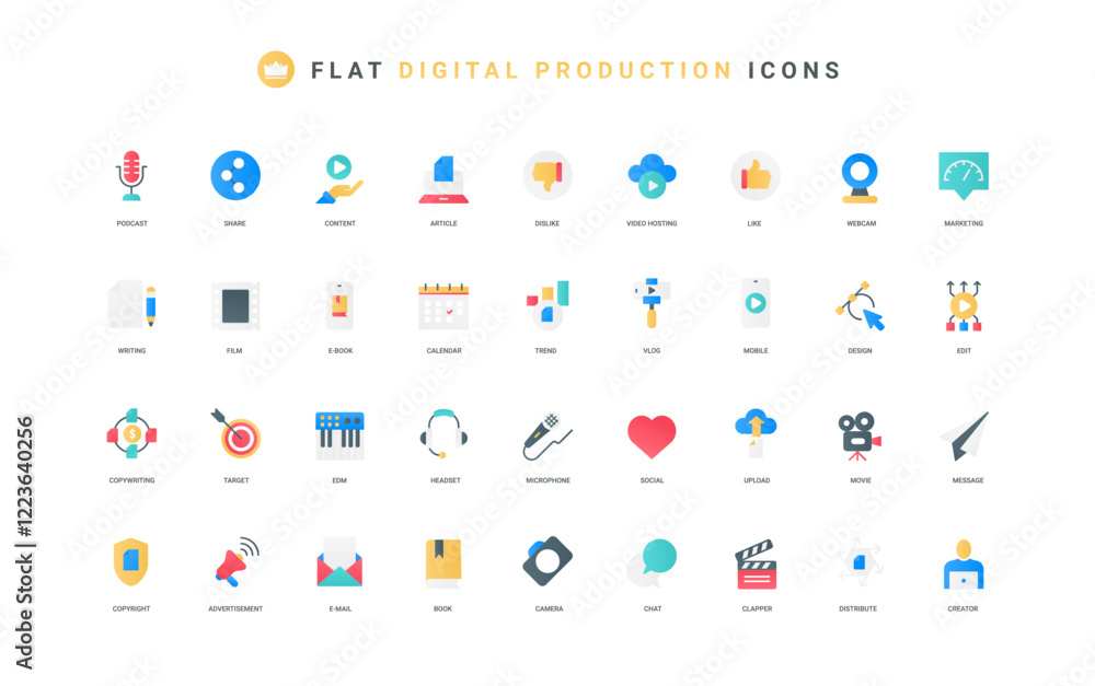 Poster production of digital content for online blog, vlog, mobile player app color icon set. devices to re