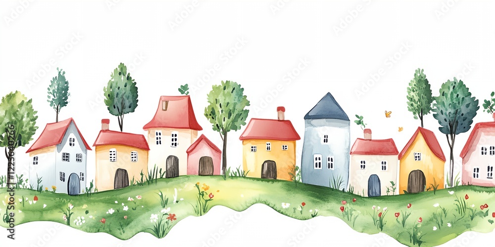 Poster row of houses with a green field in between