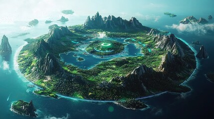 Futuristic island landscape with real-time analytics interface enchanted nature digital view immersive environment