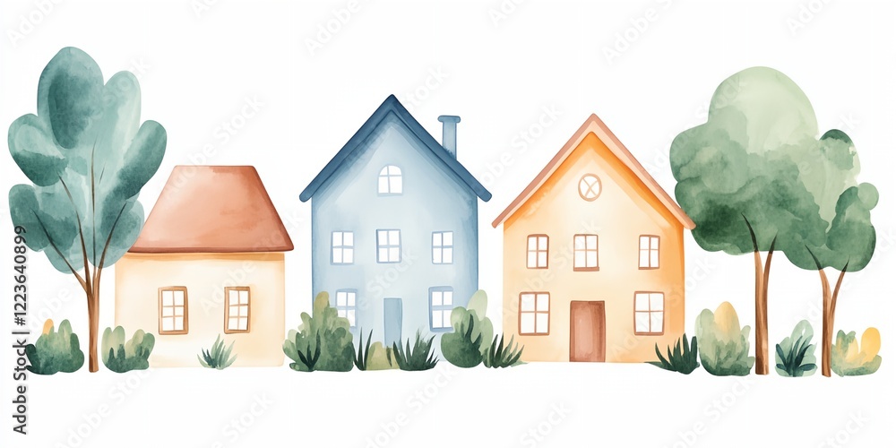 Poster row of houses with a tree in the background
