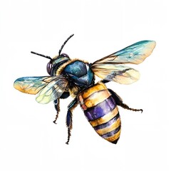 Colorful bee with yellow stripes and blue wings is flying in the air