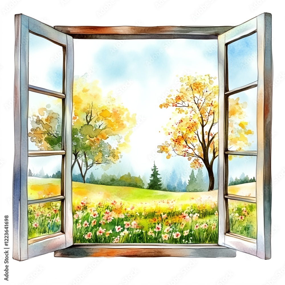 Poster window with a view of a field of flowers and trees