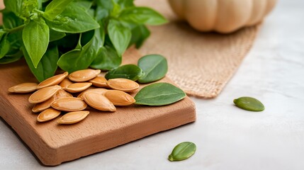 Wooden cutting board with a bunch of seeds and a leaf on it