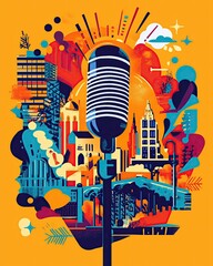 Obraz premium Glasgow Comedy Festival, Dynamic music scene illustration urban cityscape graphic art vibrant colors artistic viewpoint creative expression
