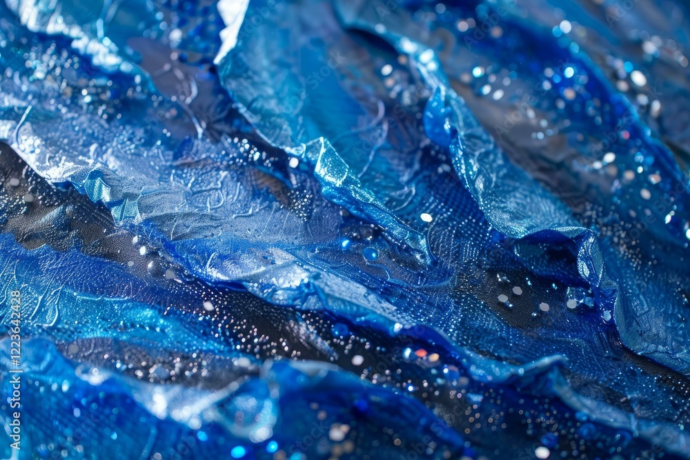 Poster close up of shimmering blue fabric adorned with sparkling sequins, creating a luxurious and textured