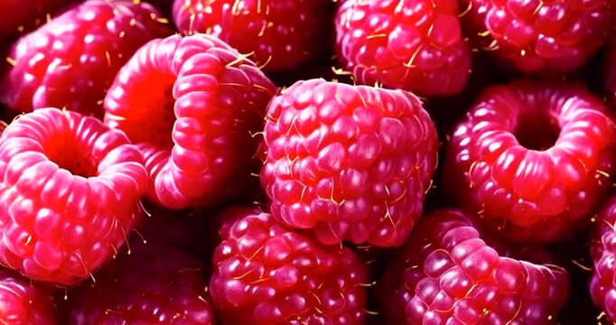 Fresh, vibrant raspberries piled together in a colorful display