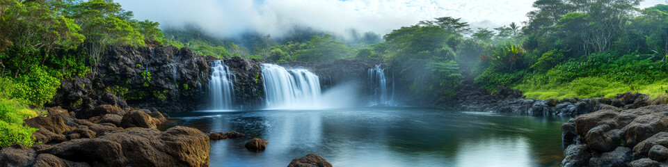 Fototapeta premium Waterfall cascades into a tranquil pool with lush greenery around. Concept of natural beauty and serenity. For nature photography.
