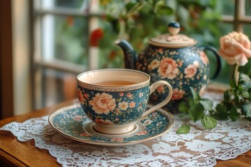 Delicate Porcelain Teacup Adorned with Intricate Floral Patterns - A Symbol of Elegance and Artistry