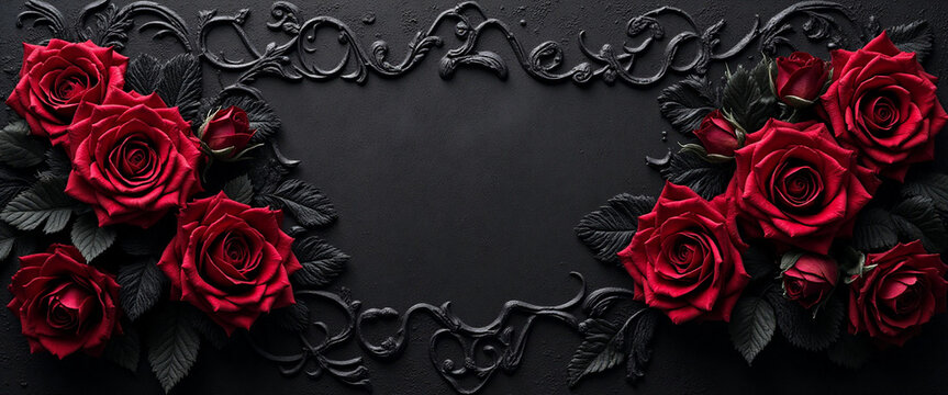 Black Gothic Background with Elegant Frame and Red Roses