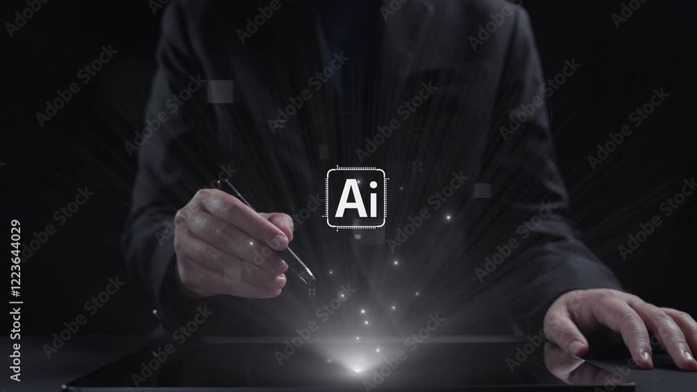 Poster human interact with ai artificial intelligence brain processor in concept of ai artificial intellige