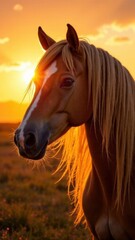 Obraz premium Beautiful portrait of a bay horse in the rays of the setting sun. Symbol of the new year 2026 according to the Chinese calendar. Eastern horoscope. Red fiery horse
