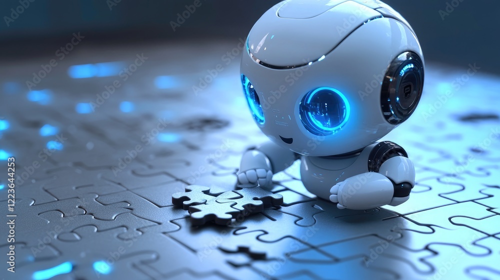 Poster cute robot solving puzzle, futuristic tech background, problem-solving concept, website illustration