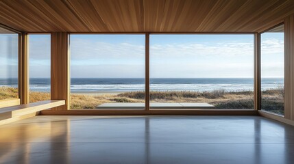 Fototapeta premium Minimalist Interior with Floor-to-Ceiling Windows and Stunning Ocean View