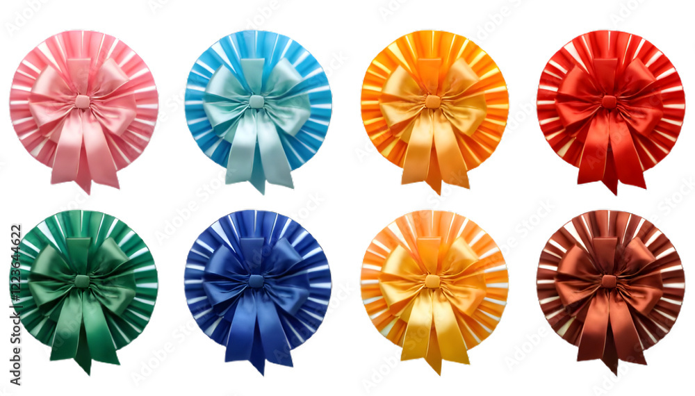 Poster collection set of colorful ribbon rosettes isolated on transparent or white background
