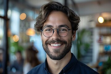 Obraz premium Smiling young businessman with a well-groomed beard doing multitasking work at the workplace, some people wearing eyeglasses.