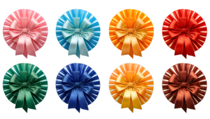 Collection set of colorful ribbon rosettes isolated on transparent or white background